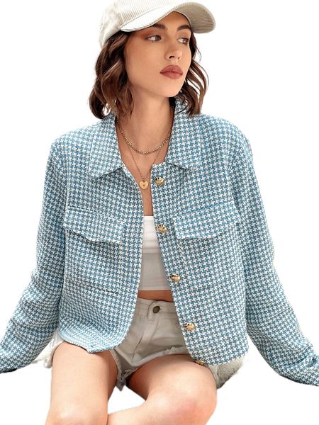houndstooth pattern flap pocket overcoat l4c1#, Black