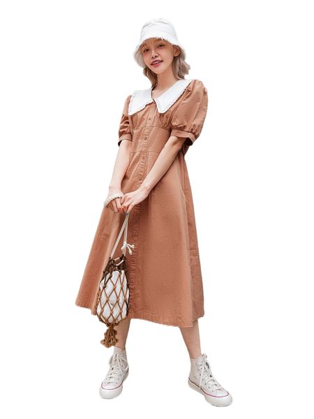 dazy puff sleeve frilled statement collar button front dress e7az#, Black;gray
dazy puff sleeve frilled statement collar button front dress e7az#, Black;gray