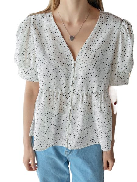 dazy polka dot print puff sleeve peplum blouse h9gb#, White