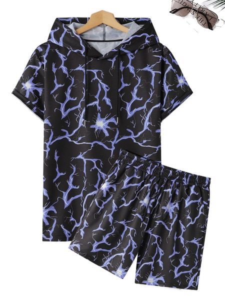 men lightning print drawstring hooded tee & shorts v1qd#, Gray
men lightning print drawstring hooded tee & shorts v1qd#, Gray
