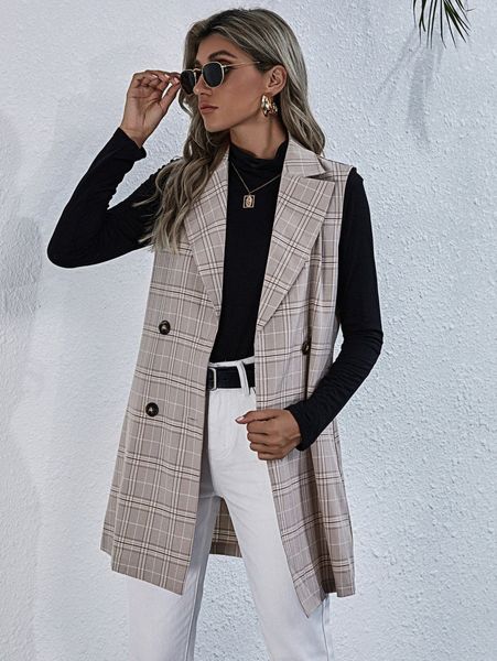 plaid double breasted blazer vest without belted t7os#, White