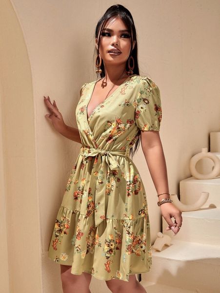 sxy floral print puff sleeve overlap collar ruffle hem belted dress z07s#, Black;gray
sxy floral print puff sleeve overlap collar ruffle hem belted dress z07s#, Black;gray
