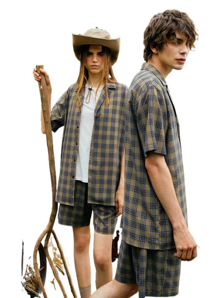 romwe 1pc plaid lapel collar shirt & shorts v7wh#, Gray