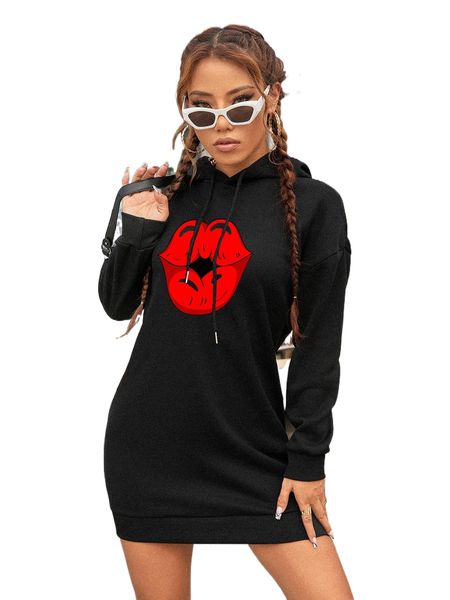 lip print drop shoulder drawstring hoodie dress j3ge#, Black