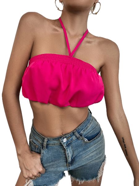 shirred backless crop halter y9d9#, White 
shirred backless crop halter y9d9#, White