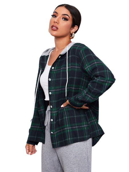 contrast hooded tartan coat 64d8#, Black
contrast hooded tartan coat 64d8#, Black