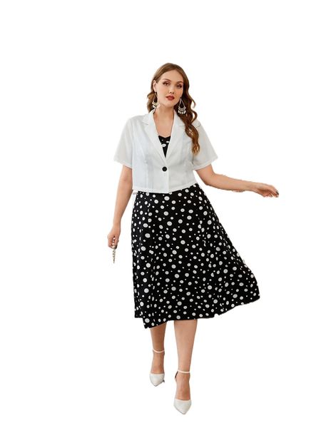 plus polka dot dress with single button blazer o1gj#, Black 
plus polka dot dress with single button blazer o1gj#, Black