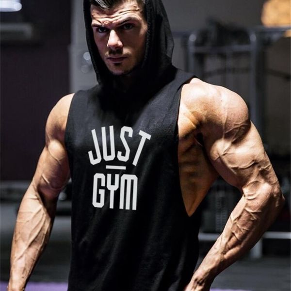 brand bodybuilding hooded tank men gym clothing cotton sleeveless sweatshirt fitness vest workout sportswear tees 220621, White;black