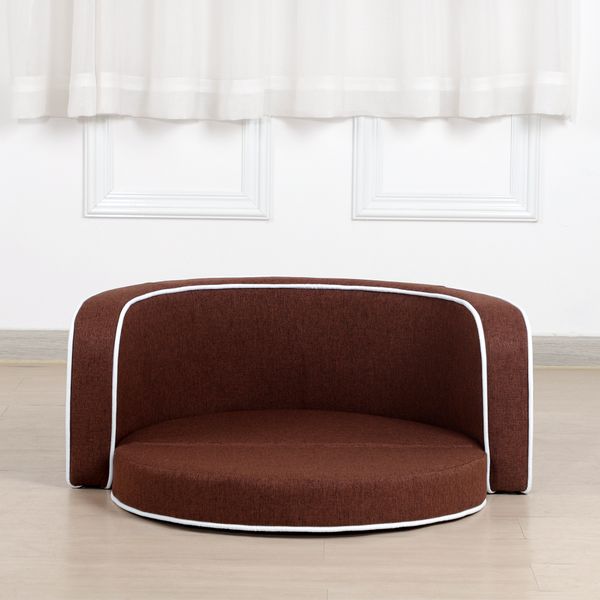 dog supplies kennels brown round pet sofa with wooden structure and linen goods white roller lines on the edges curved appearance with cushi
dog supplies kennels brown round pet sofa with wooden structure and linen goods white roller lines on the edges curved appearance with cushi