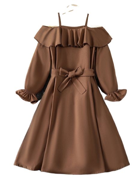 girls cold shoulder ruffle trim flounce sleeve belted dress c3q3#, Black;white