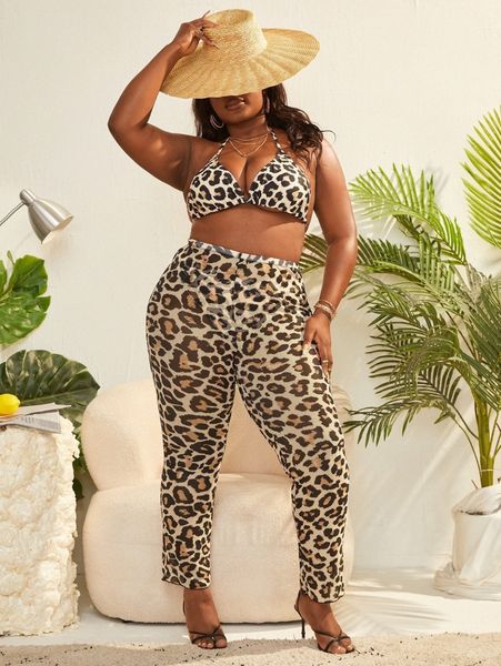 plus leopard halter triangle high waisted bikini swimsuit with cover up c0pu#, White;black
plus leopard halter triangle high waisted bikini swimsuit with cover up c0pu#, White;black