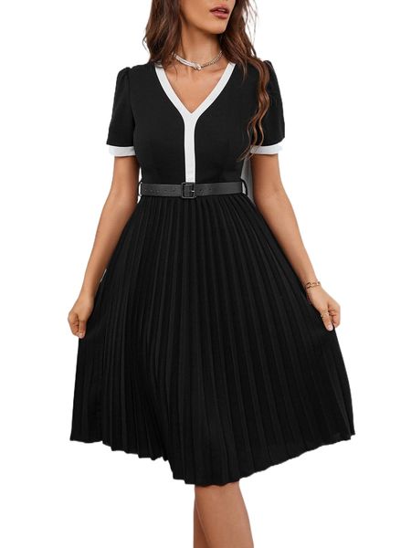 contrast binding pleated hem belted dress k7ot#, Black;gray
contrast binding pleated hem belted dress k7ot#, Black;gray