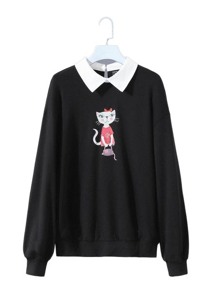 x jaypea keyhole back drop shoulder cat pattern colorblock pullover u1up#, Black
x jaypea keyhole back drop shoulder cat pattern colorblock pullover u1up#, Black