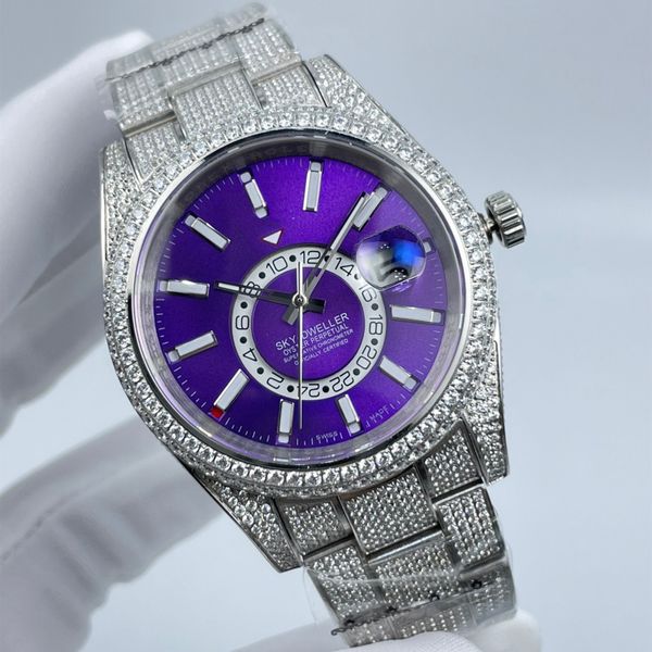 new men's diamond watch 42mm stainless steel automatic machine, Slivery;brown