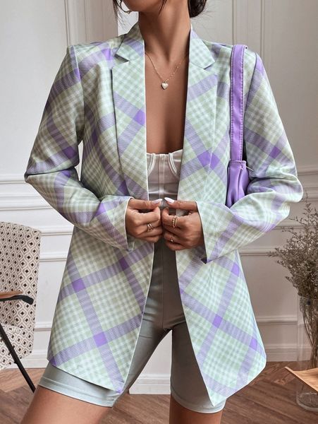 plaid print open front blazer f30n#, White 
plaid print open front blazer f30n#, White