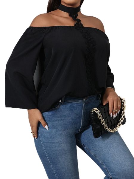 plus cut out guipure lace insert blouse h3lb#, Black
plus cut out guipure lace insert blouse h3lb#, Black