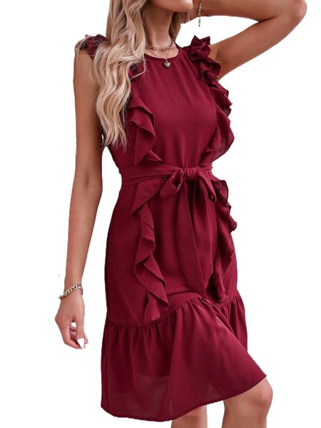 ruffle trim belted dress m33n#, Black;gray