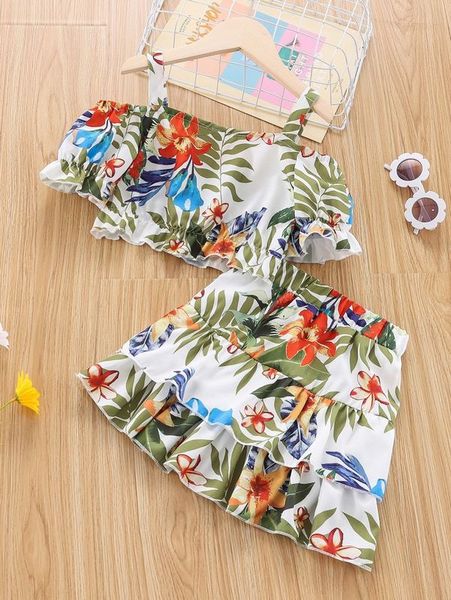 little girl's printed cut shoulder and multi-layer skirt she, White