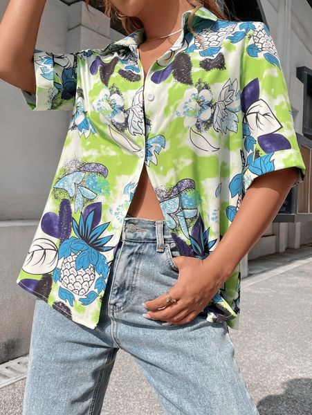 pineapple & tie dye print longline blouse l1pe#, White