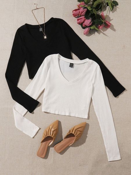 2pcs ribbed knit v neck tee c3ce#, White