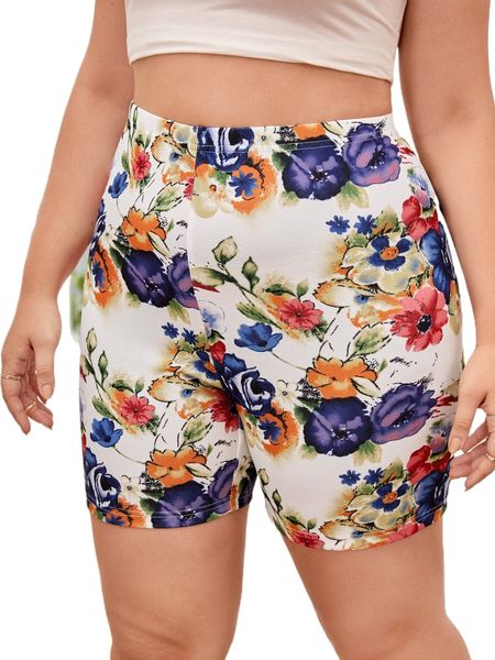 plus floral print biker shorts o3bj#, Black