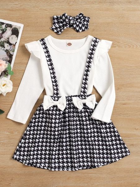 toddler girls ruffle trim tee & houndstooth pinafore skirt with headband she, White
toddler girls ruffle trim tee & houndstooth pinafore skirt with headband she, White