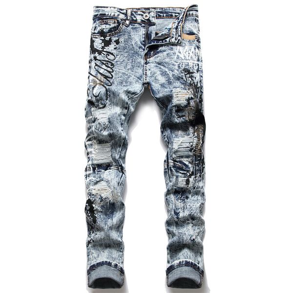men's jeans small straight tube random thread men slim fit micro elastic letter printing hole breaking heavy craft jeans, Blue
men's jeans small straight tube random thread men slim fit micro elastic letter printing hole breaking heavy craft jeans, Blue