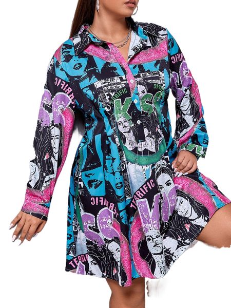 plus letter & figure graphic shirt dress b7d1#, Black
