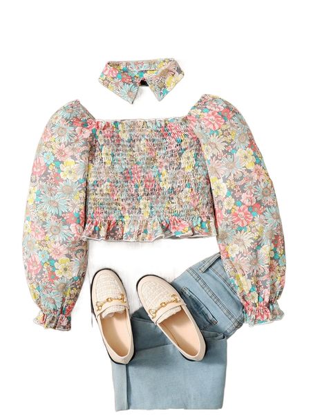 girls floral print shirred frill trim blouse with removable collar o6ff#, Black;white
girls floral print shirred frill trim blouse with removable collar o6ff#, Black;white