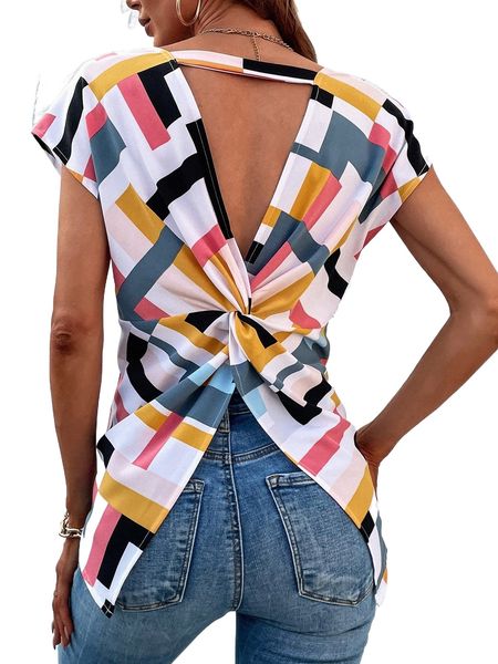 geo print cut out twist back batwing sleeve blouse 37af#, White
geo print cut out twist back batwing sleeve blouse 37af#, White