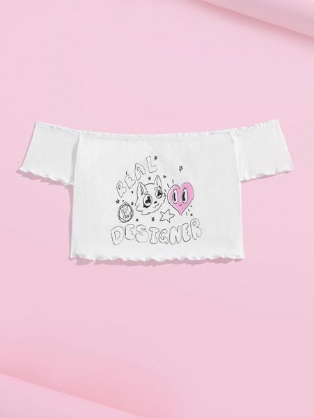 x nonfatmelk letter graphic off the shoulder lettuce trim tee l3im#, White