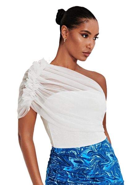 one shoulder ruched mesh o2dp#, White
one shoulder ruched mesh o2dp#, White
