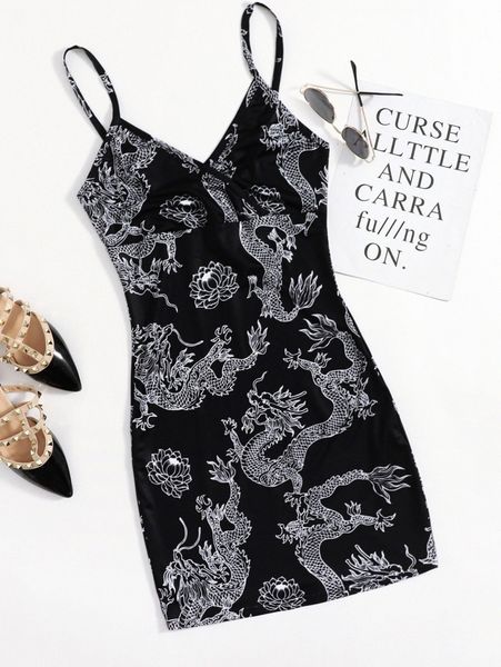 surplice neck chinese dragon print dress 53gs#, Black;gray
