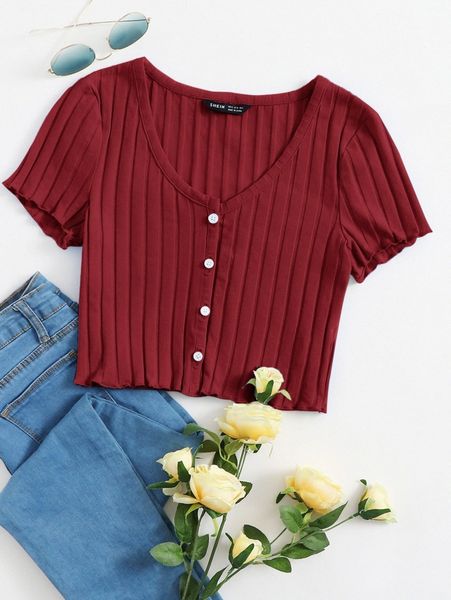 button up rib-knit crop 34x4#, White