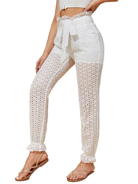paperbag waist self belted schiffy pants e3xh#, Black;white