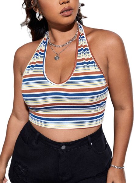plus block striped backless crop halter w99d#, Black 
plus block striped backless crop halter w99d#, Black