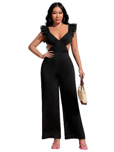 sxy contrast lace sweetheart neck flutter sleeve backless knot jumpsuit p1yz#, Black;white
sxy contrast lace sweetheart neck flutter sleeve backless knot jumpsuit p1yz#, Black;white