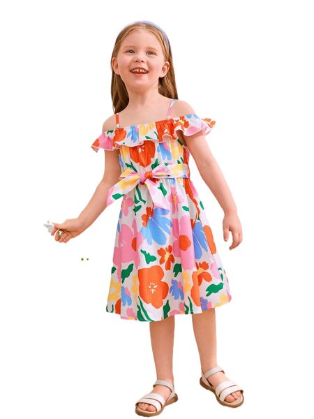toddler girls floral print cold shoulder ruffle trim belted dress l6ul#, Black;white