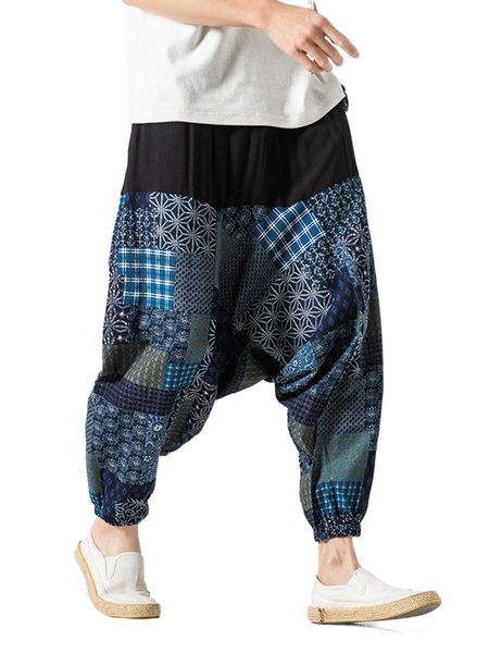 men random patchwork print drop crotch pants u157#, Black 
men random patchwork print drop crotch pants u157#, Black