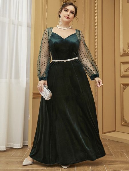plus dobby mesh insert sweetheart neck belted velvet dress 111g#, Black