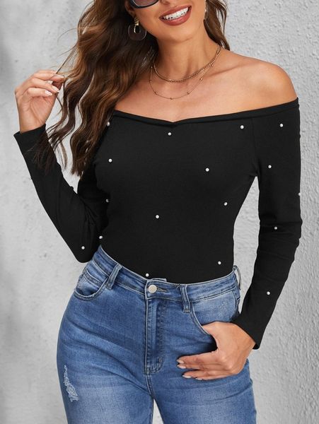 pearls beaded off shoulder tee 98aw#, White