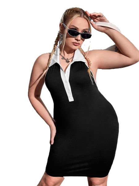 plus contrast collar backless halter bodycon dress l77q#, Black