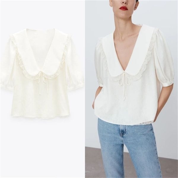lace spliced summer blouse women short puff sleeve jewel button vintage woman fashion soft fitted ruffle blouses 210524, White
lace spliced summer blouse women short puff sleeve jewel button vintage woman fashion soft fitted ruffle blouses 210524, White