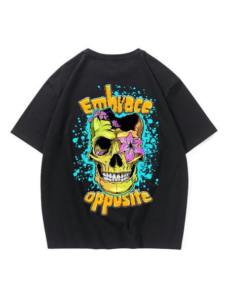 romwe guys skull & letter graphic oversized tee d6b3#, White;black
