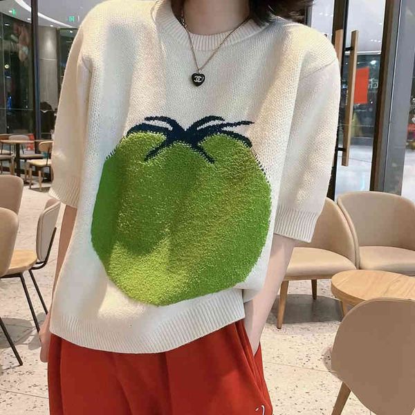women's polos spring towel embroidered apple pattern knitted short sleeved t-shirt women's round neck loose sweater ng91, White
women's polos spring towel embroidered apple pattern knitted short sleeved t-shirt women's round neck loose sweater ng91, White