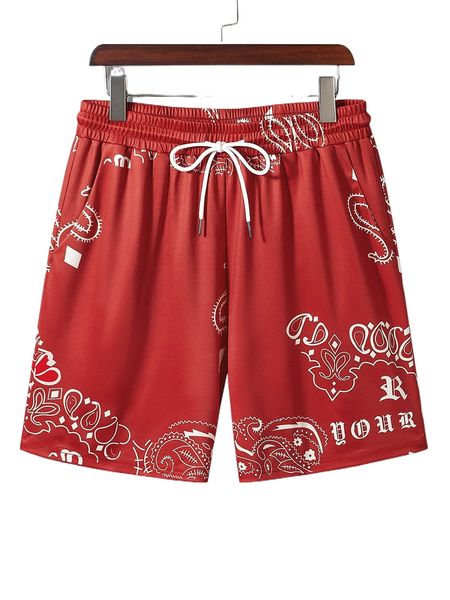 men letter & paisley print drawstring waist shorts x3r8#, White;black