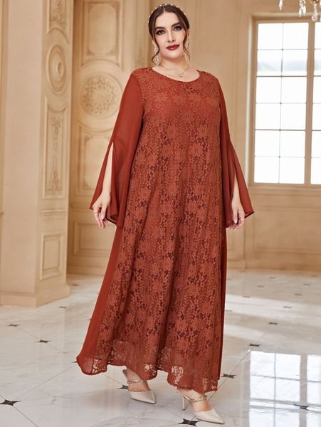 plus contrast lace slit sleeve maxi tunic dress 77bl#, Black
plus contrast lace slit sleeve maxi tunic dress 77bl#, Black