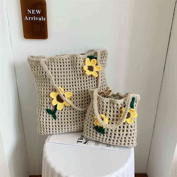 wool woven bag manual trend hand shoulder bag lovely flower women's knitted fashion