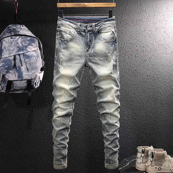 men's jeans italian nostalgic jeans with holes men's fashion korean version slim fitting small feet elastic young pants elqn, Blue
men's jeans italian nostalgic jeans with holes men's fashion korean version slim fitting small feet elastic young pants elqn, Blue