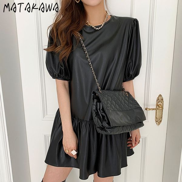 retro elegant round neck vestidos loose puff sleeves ruffled hem femme robe korean imitation pu leather woman dress 210506, Black;gray
retro elegant round neck vestidos loose puff sleeves ruffled hem femme robe korean imitation pu leather woman dress 210506, Black;gray
